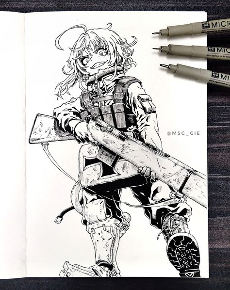 Manga drawing of Tanya Degurechaff from Youjo Senki, msc_gie on ArtStation at https://www.artstation.com/artwork/mDBBlv Anime Ink Art, Manga Drawing Sketches, Manga Inking, Manga Drawing Books, Geometric Shapes Drawing, Manga Style Art, Saga Of Tanya The Evil, Tanya Degurechaff, Manga Sketch