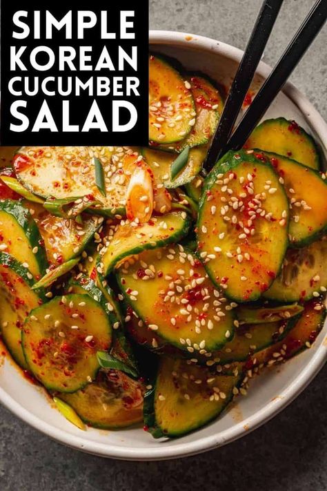 Simple & Spicy Korean Cucumber Salad — Zestful Kitchen Korean Cucumber Salad Side Dishes, Asian Inspired Cucumber Salad, Salad Asian Recipes, Korean Smashed Cucumber Salad, Dim Sum Cucumber Salad, Spicy Cucumber Edamame Salad, Korean Simple Recipes, Cucumber Korean Salad, Cucumber Korean Side Dish