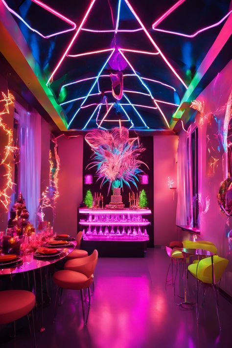 Bright Neon New Year’s Eve Decoration Ideas to Light Up the Night Neon New Years Eve Party, Technicolor Wedding, Glowing Balloons, Neon Event, Futuristic Party, Neon Lights Party, Colorful Led Lights, Elegant Dinner Party, Neon Decor