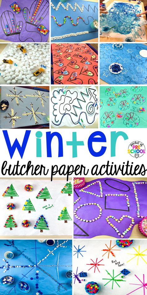 21 Winter Butcher Paper Activities - Pocket of Preschool Fall Butcher Paper Activity, Christmas Butcher Paper Activities, Snowmen Preschool Activities, Winter Animals Preschool, Preschool November, Paper Activities, Pocket Of Preschool, January Ideas, Table Activities