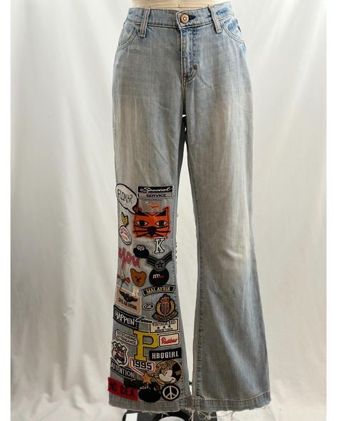 So I had some patches……. •Vintage 90s patched upcycled Gap distressed mid rise flared light wash jeans•had fun doing this and most likely will do more! What do you think? • newly listed #90s #upcycled #patcheddenim #gap #etsyvintage #7581vintage Vintage Reworked Clothing, Pants With Patches, Decorated Jeans, Jeans With Patches, Patched Denim Jeans, Reworked Clothing, Patch Pants, Patch Jeans, Mid Rise Flare Jeans