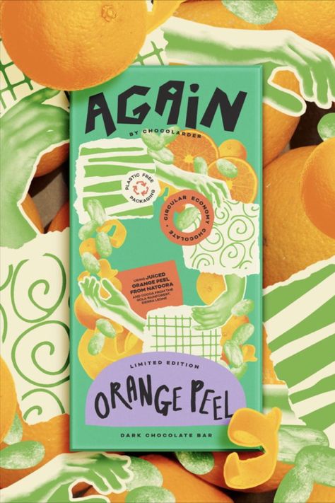 The packaging design for Chocolarder’s new ‘Again’ range, designed by Kingdom & Sparrow, differs from its main line’s packaging system, featuring a bold color palette and collage elements that emphasize its sustainable mission to repurpose food waste. Collage Packaging, Packaging System, Snack Packaging, Collage Elements, Cafe Branding, Innovative Packaging, Design Brand Identity, Dark Chocolate Bar, Fall 24