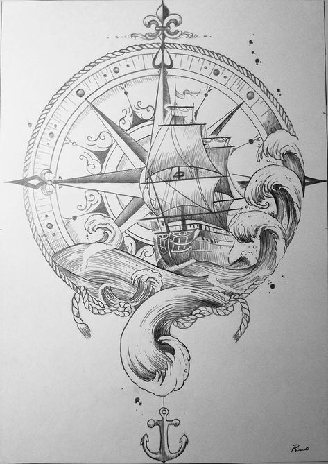 Peter Pan Ship Tattoo, Navy Sailor Tattoo, Pirate Ship Drawing Sketches, Tattoo Sleeve Ideas Unique, Nautical Compass Drawing, Pirate Ship Sketch, Compass Drawing Design, Compass Drawings, Pirate Tattoo Ideas