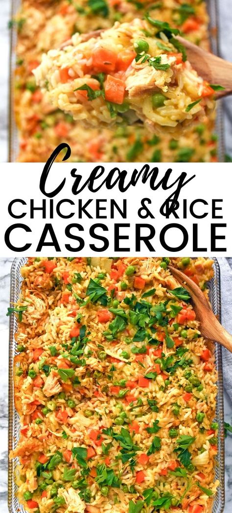 Creamy chicken and rice casserole is an easy and delicious family dinner recipe made with uncooked long grain rice, shredded chicken, frozen peas and carrots, cream of chicken soup, chicken broth, and seasonings. #ChickenCasserole #ChickenAndRice #CasseroleRecipes #EasyDinner #easydinnerrecipes #ChickenBreast #CreamyChicken #EasyCasserole Chicken Rice And Peas, Creamy Chicken And Rice Casserole, Frozen Peas And Carrots, Chicken And Rice Casserole Recipe, Chicken Rice Bake, Easy Creamy Chicken, Best Chicken Casserole, Casseroles Chicken, Casseroles Recipes