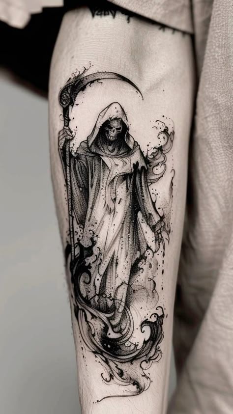 Tattoo Idea Design, Creepy Coffin Tattoo, Tattoo Ideas Top Of Arm, Cool Meaningful Tattoos For Women, Witch Trials Tattoo, Medieval Skull Tattoo, Dark Neck Tattoo Men, Grey And Black Tattoos, Grim Reaper Tattoo Sleeve