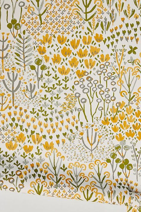 Nursary Decor Hallway Yellow Wallpaper, Wallpaper Kitchen Yellow, Anthropologie Wallpaper Accent Walls, Fun Dining Room Wallpaper, Wallpaper Wall Kitchen, Office Closet Wallpaper, Yellow Bathroom Wallpaper, Fun Kitchen Wallpaper, Floral Kitchen Wallpaper