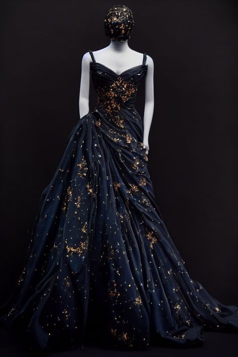 ACOTAR Night Court inspired gown Star Dresses Aesthetic, Out Of This World Prom Dresses, Star Fall Dress Acotar, Black Constellation Dress, Starry Night Dance Theme Dress, Starry Night Dress Gowns, Night Sky Dress Formal, Night Stars Dress, Celestial Evening Gown