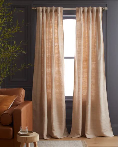 Linen, Sheer, Blackout Curtains | Quince Textured Curtains Living Room, Silk Drapes Living Room, Curtains Bay Window Living Room, Silk Curtains Living Room, Curtain Photography, Beige Drapes, Faux Silk Curtains, Silk Drapes, Linen Blackout Curtains