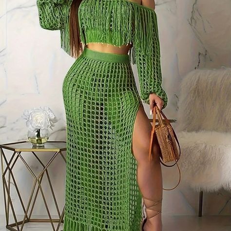 Temu | Explore the Latest Clothing, Beauty, Home, Jewelry & More Rok Outfit, Tassel Skirt, Mode Hippie, Off Shoulder Crop Top, Two Piece Swimwear, Beach Skirt, Swimwear Sets, Chic Pink, Mesh Skirt