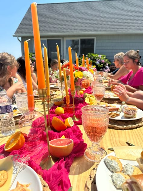 Orange Pink Birthday Party, 21 Diner Ideas, Pink And Orange Party Theme, Orange Bachelorette, Pink Theme Party, Fancy Picnic, 21 Dinner, 21th Birthday, Sunset Party