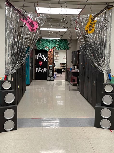 School Of Rock Theme Party, Rock And Roll Classroom Door, Rock Stage Design, Rock Star Party Decorations, Hollywood Teacher Appreciation, Rock Your School Day, Rock And Roll Classroom, Preschool Graduation Theme, School Decorating Ideas