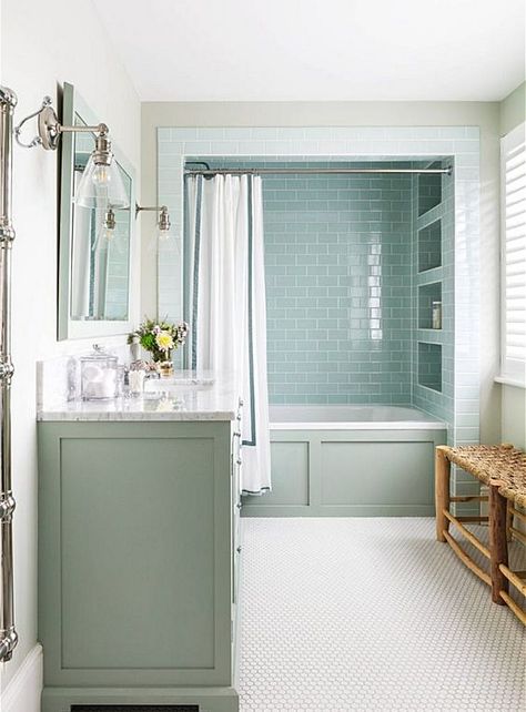 Subway Tile Shower Niche, Blue Bathtub, Bathtub Alcove, Tile Shower Niche, Bathtub Shower Combo, Blue Subway Tile, Subway Tile Showers, Bathtub Tile, Shower Bathtub