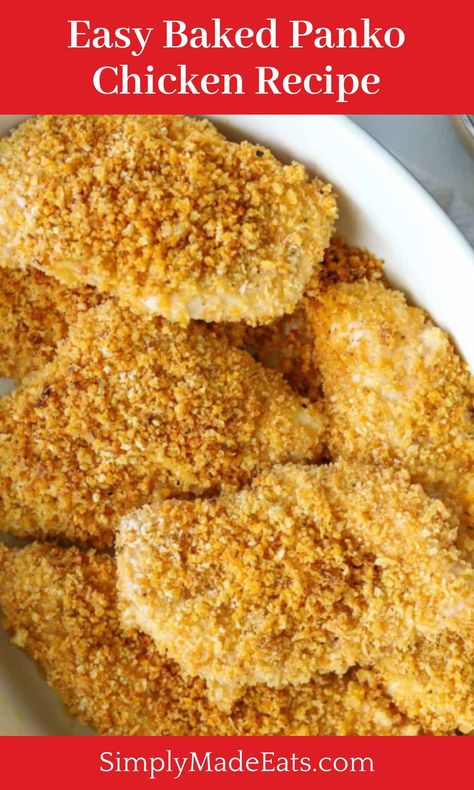 This Oven Baked Panko Crusted Chicken Breast is so easy to make and always a family favorite! Chicken Breast is dipped into garlic butter then breaded in a parmesan Panko crust. Plus, it's ready to eat in less than 35 minutes! Chicken With Panko Bread Crumbs Baked, Breadcrumb Chicken Baked, Chicken With Bread Crumbs Baked, Pan Fried Panko Chicken, Panko Crusted Chicken Baked, Baked Chicken With Bread Crumbs, Breaded Baked Chicken Recipes, Baked Panko Chicken Breast, Chicken Breast Recipes Easy Quick