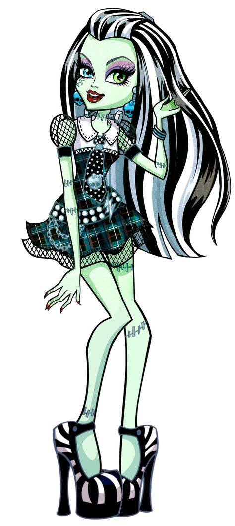 Monster High: Frankie Stein! Frankie Stein is the daughter of Frankenstein's Creature. Having been alive for only a short time, she is incredibly eager to learn more about the world around her, and is always ready to try new things with her friends. Her pet is a dog-like creature named Watzit. Monster High Halloween, Monster High Cosplay, Monster High Costume, Monster High Frankie, Novi Stars, Arte Monster High, Monster High Pictures, Frankie Stein, Moster High