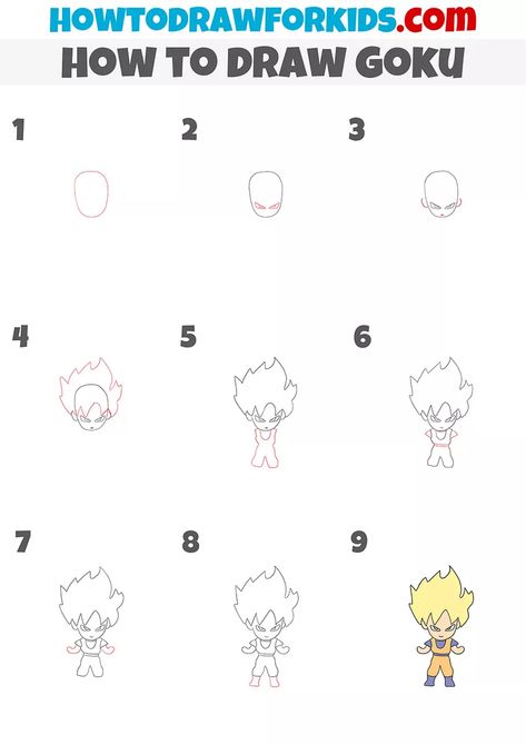 How to Draw Goku Step by Step - Easy Drawing Tutorial For Kids How To Draw Goku Easy, Goku Step By Step Drawing, How To Draw Goku Step By Step, Goku Easy Drawing, How To Draw Goku, Drawing Goku, Chibi Goku, Christmas Drawings For Kids, Easy Fish Drawing