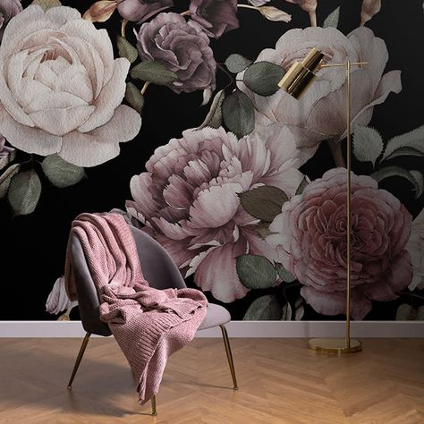 Purple & Pink Dark Floral Wallpaper Mural - Hovia Floral Wallpaper Bedroom, Kids Room Murals, Floral Wallpapers, Floral Room, Painted Background, Rose Wall, Kids Room Wallpaper, Salon Ideas, Painting Wallpaper