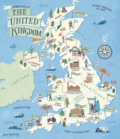 Map of UK Stereotypes created for a French education book. The map is a tongue-in-cheek look at how different regions view each other around the country. Cultural and economic differences are highlighted, as well as opinions about Brexit. Map Of Uk, Beer Map, Travel Graphics, English Culture, Map Of Britain, England Map, Illustrated Maps, French Education, The Ancient Magus Bride