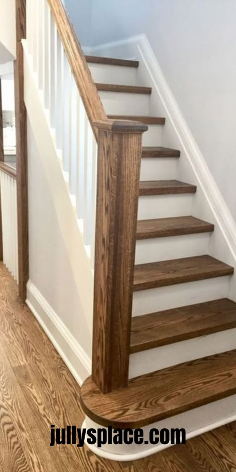 White Stair Risers vs. Wood Simple Stairs Renovation, Best Stairs Makeover Ideas, Easy Stairs Makeover, Oak Staircase Makeover, Diy Stairs Makeover Cheap, Stained Staircase, Stairs Remodeling, White Stair Risers, Painting Stairs