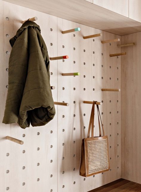 A Combined Mudroom And Laundry Room With A Pegboard Wall Is A New Addition To This Remodeled Home Shoe Storage White, Modern Mudroom, Peg Board Walls, Pegboard Wall, Gear Room, Peg Wall, Pegboard Storage, Mudroom Laundry, Plywood Interior