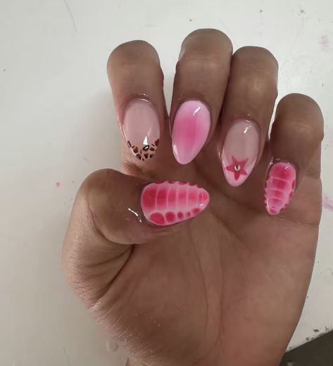 Pink Nails With Cute Design, Summer Nail Inspiration Acrylic Almond, Colorful Spring Break Nails, Nail Inspo Almond Cheetah Print, Pink Nails Pattern, Aura Design Nails, Cheetah Nails Cherry, Fun Nail Designs Almond, Nail Ideas For Mexico