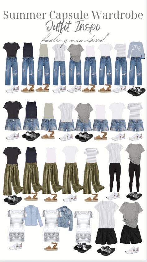 Womens Casual Capsule Wardrobe, 30 Day Capsule Wardrobe Summer, Spring Capsule Outfits 2023, Daily Uniform Outfit, Casual Style Wardrobe, Outdoors Capsule Wardrobe, Summer Fashion 2024 Mom, Summer Capsule Wardrobe 30s, Summertime Capsule Wardrobe