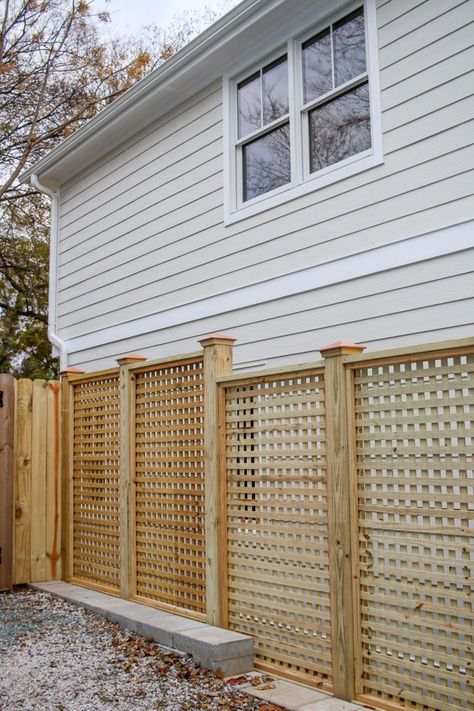 How to Build a Window Pane Lattice Privacy Fence and Gate Pergola Privacy, Lattice Privacy Fence, Privacy Lattice, Build A Window, Trellis Privacy, Landscape Screen, Lattice Privacy Screen, Wood Picket Fence, Fence And Gate