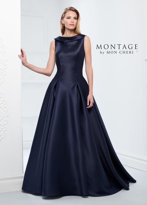 Montage By Mon Cheri 218921 - Make a grand entrance in this sleeveless Mikado ball gown with a classic bateau neckline and V-back with a folded portrait collar, and a box pleated full skirt with on-trend pockets and a sweep train. A matching shawl is included. Satin Ballgown, Montage By Mon Cheri, Special Occasion Gowns, Mother Of The Bride Dresses Long, Blue Ball Gowns, Plus Size Gowns, Mother Of Groom Dresses, Bride Groom Dress, Ball Gown Skirt