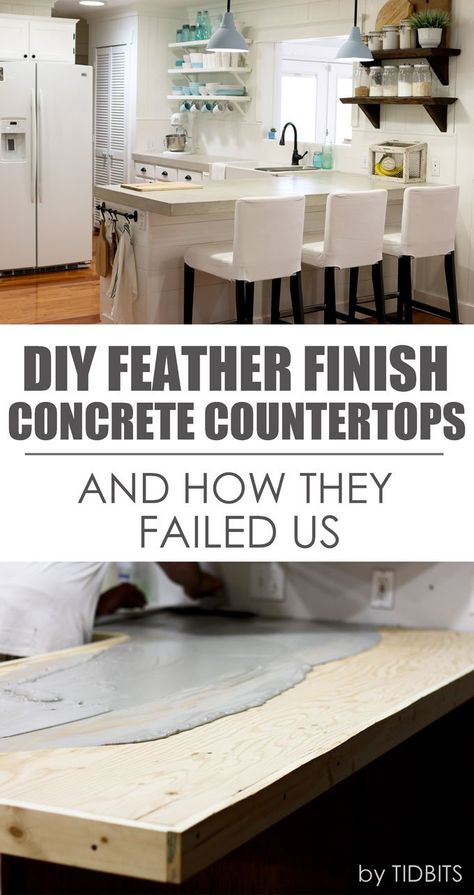 DIY Feather finish concrete countertops - and how they failed us. Feather Finish Concrete Countertops, Feather Finish Concrete, Concrete Counters, Kitchen Concrete, Diy Feather, Countertops Concrete, Kitchen Counter Top, Kitchen Remodel Countertops, Kitchen Countertop Materials