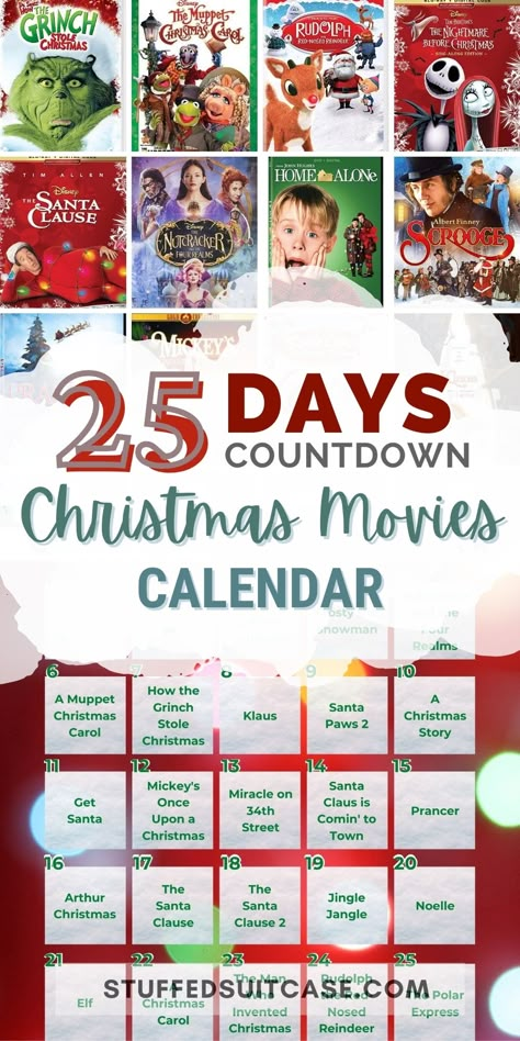 Check out this list of Christmas movies for kids plus a printable countdown to Christmas advent calendar with a movie for each day of December leading up to Christmas. This list has over 45 family Christmas movies rated G, PG, and PG-13 for kids of all ages! Countdown To Christmas Movie List, Christmas Movies Advent Calendar, Christmas Movie Nights For Kids, Christmas Movies For Families, Christmas Movie Advent Calendar, Diy Family Advent Calendar, Christmas Movies List Kids, Kids Christmas Movies List, Christmas Movie Calendar