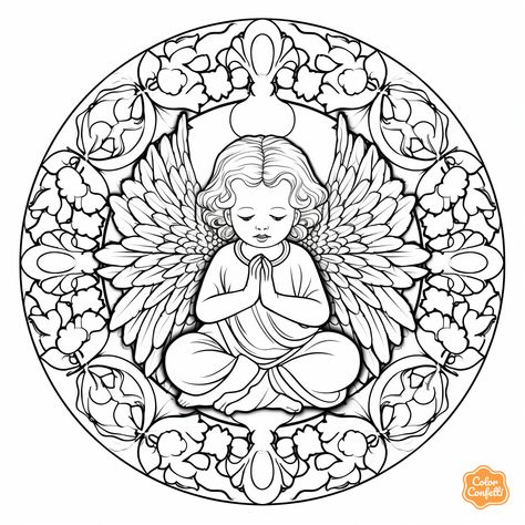 illustration of Cherub mandala coloring for relaxation Coloring Pages Celestial, Mythical Creatures Coloring Pages, Angel Coloring Pages, Mandala Turtle, Coloring Page For Adults, Fantasy Fairy, Mandala Coloring, Magical World, Adult Coloring Pages