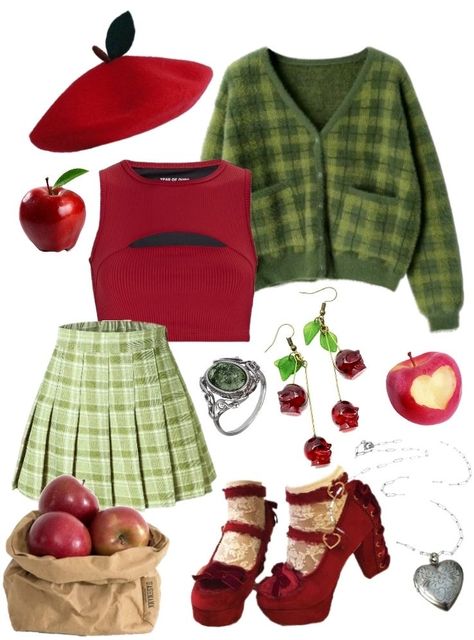 Fruit Outfits Drawing, Apple Outfit Aesthetic, Apple Core Outfits, Apple Inspired Outfits, Apple Themed Outfit, Fruit Clothes Aesthetic, Mabel Pines Outfits Style, Applecore Outfit, Autumn Outfits Colorful