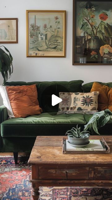 Mel Boyden | Green & Nature Inspired Interiors 🌿 on Instagram: "How to style a green sofa, four different ways. Which is your favourite? I’m definitely drawn to the 1st one, I love the rust colours and choice of artwork providing a wonderful bohemian vibe to your living room.   Green sofas have always been my go to colour for my living room. If you choose an olive or dark green, they are very versatile colours which help complement a wide range of interior styles, from modern to traditional. They can easily blend with various colour schemes and decor elements.  Green is also a colour that is often associated with nature, bringing a sense of calm and tranquility into the living space. This can create a soothing and relaxing environment. Emerald green, in particular, has a rich and luxuriou Olive Green Sofa Decor Ideas, Deep Green Sofa In Living Room, Green Boho Sofa, Green Sofa Rug Combo, Green And Red Living Room Decor, Khaki Green Sofa, Green Couch And Rug Combo, Olive Green Sofa Decor, Velvet Green Couch Living Room Ideas