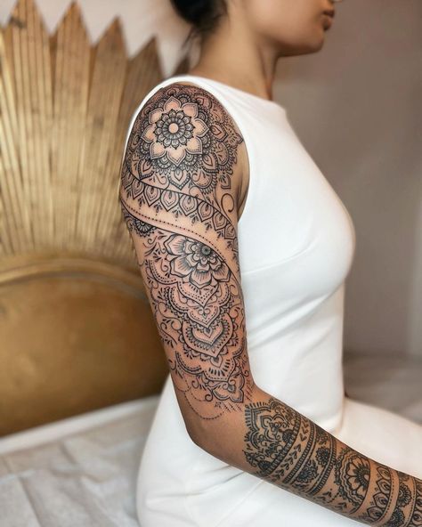 Henna Upperarm Tattoo 🤍 (Forearm healed) 📍Los Angeles 💌 anaischabanetattoo@hotmail.com • • • • • • • • • • • • • • #tattoo… | Instagram Mandala Woman Tattoo, Henna Tattoo Sleeve Women, Mandala Tattoo For Shoulder, Women’s Mandala Sleeve Tattoo, Mandala Back Tattoos For Women, Boho Shoulder Tattoos For Women, Lotus Half Sleeve Tattoo, Mandela Tattoo Designs For Women Arm, Henna Arm Tattoos For Women