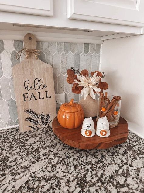 Blue And White Fall Decor Kitchen, Fall Garland Tv Stand, Fall Home Decor Apartment, Autumn Aesthetic House Decor, Fall Decor On Entertainment Center, Halloween Home Decor Aesthetic, Kitchen Counter Corner Fall Decor, Fall Aesthetic House Decor, Fall Decor Living Room Tv Stand