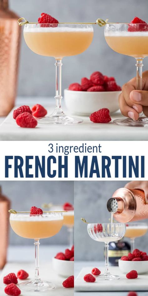 Are you looking for a fun, easy cocktail to make for your next happy hour? This 3 Ingredient French Martini comes together with a few shakes of vodka, Chambord, and pineapple juice. It's sure to impress your friends when you show up with this sophisticated and refreshing cocktail. #cocktailrecipe #martinirecipe #martinis #frenchmartini #cocktails #vodkarecipe Martini With Pineapple Juice, Easy Fun Martinis, Good Martini Recipes, Fun Easy Drinks Alcohol, Martini Recipes Fruity, Different Martini Recipes, French Martini Chambord, Refreshing Martini Recipes, Pitcher Martini Recipe