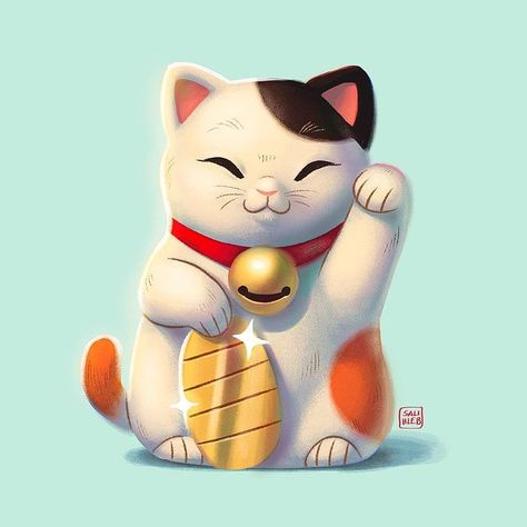 Sarah-Lisa Hleb Illustration on Instagram: “Somehow I just felt the urgent need of drawing a maneki neko, or waving cat, a Japanese lucky charm. I think that's probably because lately…” Japanese Lucky Charm, 3d Cats, Tattoo Gato, Lucky Cat Tattoo, Waving Cat, Visiting Japan, Money Cat, Cat Obsession, Cat Art Illustration