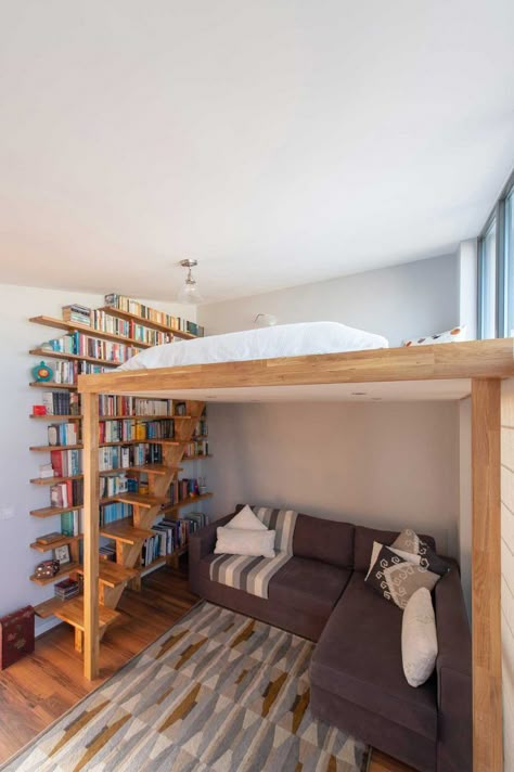 Mezzanine stairs, loft design, bespoke bookshelf in lounge, Bow, London Loft Bed Ideas For Small Rooms, Stairs Loft, Adult Loft Bed, Build A Loft Bed, Loft Beds For Small Rooms, Mezzanine Bedroom, A Loft Bed, Diy Loft, Loft Style Bedroom