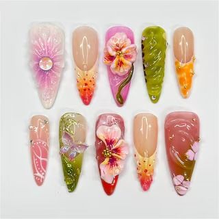 LilyNailsArt - Etsy Philippines Funky 3d Nails, Fun Vacation Nails Almond Shape, Flower Designs Nails, Garden Nails Design, Lotus Flower Nails, Nail For Birthday, Flower Design Nail Art, Garden Nails, Long Almond