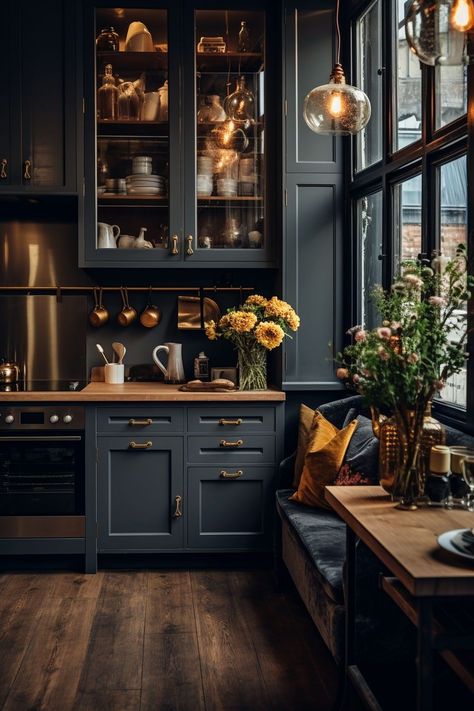 Discover the allure of moody farmhouse kitchen ideas that blend the warmth of traditional rustic design with a hint of contemporary drama. Embrace deep, rich color palettes, weathered wood accents, and vintage-inspired fixtures to infuse your kitchen with an inviting ambiance. Let the interplay of dark hues and natural textures transport you to a space that exudes timeless charm and modern elegance. Grey Soapstone Countertops Kitchen, Modern Craftsman Kitchen, Dark Academia Kitchen, Kitchen Witches, Moody Farmhouse, 40 Aesthetic, Moody Kitchen, Rustic Kitchens, Craftsman Kitchen