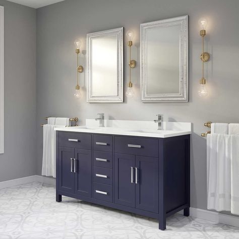 Katie 60" Vanity By Studio Bathe | Costco Blue Cabinet Bathroom Ideas, Grey And Blue Bathroom Ideas, Blue Vanity Bathroom Ideas, 60 Vanity, 72 Vanity, Navy Blue Bathrooms, Bathroom Vanity Drawers, 60" Vanity, Power Bar