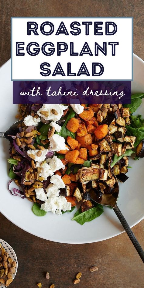 Roasted Eggplant Salad with Goat Cheese and Tahini Dressing Eggplant Goat Cheese, Recipes With Eggplant, Vegetarian Eggplant Recipes, Braised Eggplant, Eggplant Side Dishes, Roasted Eggplant Recipes, Roasted Eggplant Salad, Aubergine Salad, Cavatappi Pasta