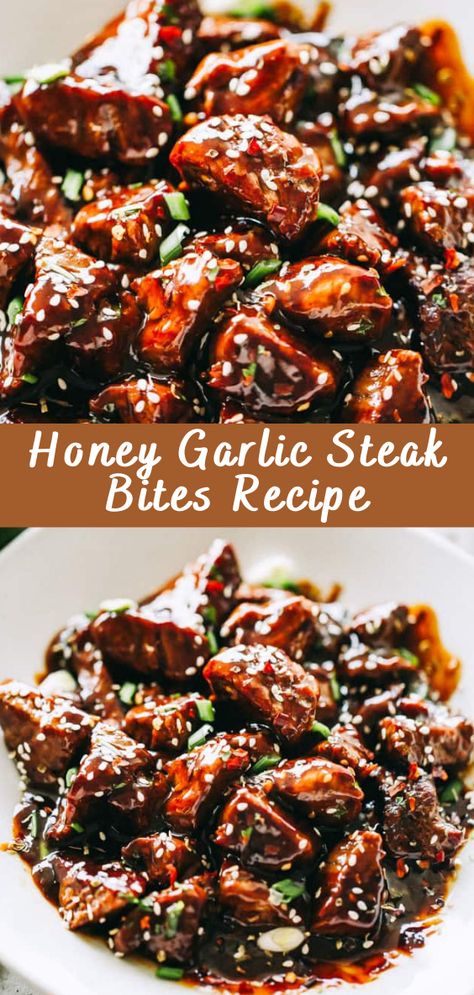 Honey Garlic Steak Bites Recipe | Cheff Recipes Honey Garlic Beef Stir Fry, Honey Garlic Beef Tips, Steak Bites Bowl, Steak Bites And Rice, Garlic Bread Steak Bites Tipsy Housewife, Teriyaki Steak Bites, Steak And Sweet Potato Dinners, Honey Garlic Steak Bites, Asian Steak