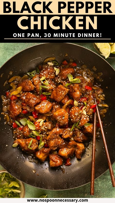 Broaden your at-home culinary horizons with this easy take out-fake out Chinese Black Pepper Chicken recipe. Featuring succulent bites of juicy-on-the-inside, crispy-on-the-outside chicken stir fried with tender-crisp vegetables and a piquant peppercorn sauce, this delightful 30-minute peppered chicken is certain to become a family favorite! Crispy Black Pepper Chicken Chinese, Fake Chicken Recipes, Chinese Black Pepper Chicken, Peppered Chicken Recipe, Black Pepper Chicken Chinese, Chinese Chicken Thigh Recipes, Pepper Chicken Chinese, Chinese Pepper Chicken, Chicken Bell Pepper Recipes