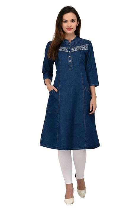 Jeans And Heels Outfit Dressy Classy, Short Kurtis For Jeans Fashion, Denim Kurti Designs, Kurtis For Jeans, Jeans Kurti Style, Turtle Neck Dress Outfit, Lahanga Design, Shirt Kurti, Amazon Jeans