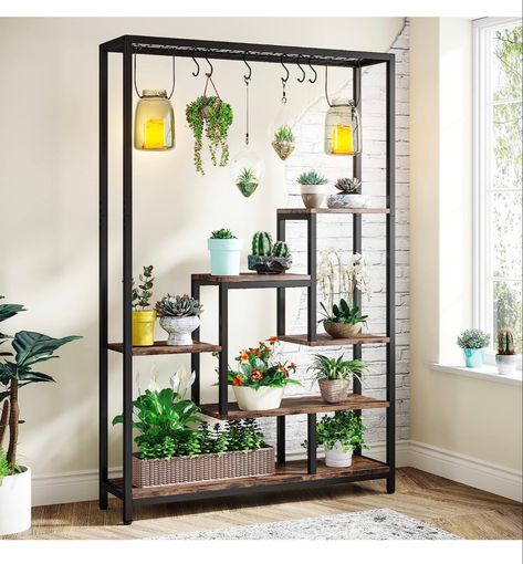 【Large Capacity for Plants】The indoor plant stand is adopted 7 shelves design and each shelf is wide and spacious enough. The metal plant shelf can hold at least more than 8 pots of regular-sized plant pots. The top wire shelf also can place small bonsai. Attached are 6 pcs S-hook is also fit for hanging display. 【Ladder Design & Multi-function】Garden plant with ladder shelf design provides ample space for multiple sizes of plants' storage and growth, with no shelter from each other, which helps Tall Indoor Plants, Indoor Plant Stand, Ladder Design, Pot Organization, Tall Plant Stands, Corner Plant, Support Pour Plante, Ivy Vine, Support Plante