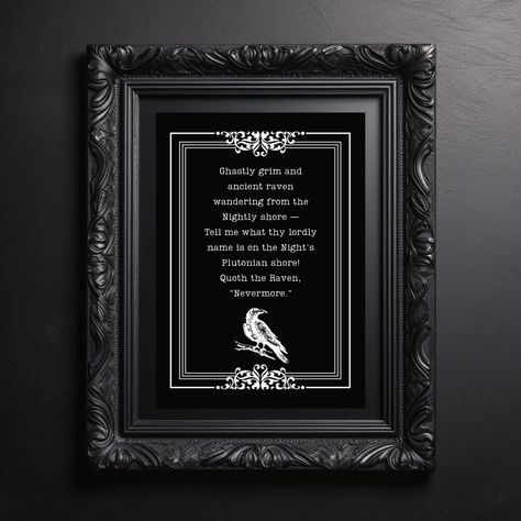 🖤 "Quoth the Raven, Nevermore" 🖤 Bring some moody, gothic vibes to your home with this printable wall art featuring the iconic quote by Edgar Allan Poe. Perfect for lovers of literature, dark decor, or anyone who enjoys a touch of the macabre. Available in multiple sizes, it's ready to download, print, and frame instantly—ideal for your reading nook, office, or as Halloween decor! #EdgarAllanPoe #Nevermore #PrintableArt #GothicHome #WallDecor #DarkAesthetic #QuotableQuotes #prosperosgarden Nook Office, Raven Halloween, Quoth The Raven Nevermore, The Raven Nevermore, Raven Nevermore, Quoth The Raven, Dark Decor, Halloween Quotes, Gothic House