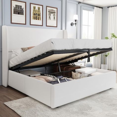 Ariel Bedroom, Lift Up Storage Bed, White Bed Frames, Bed Frame Modern, Lift Storage Bed, Bed Queen Size, Storage Bed Queen, Bed Base Frame, High Storage