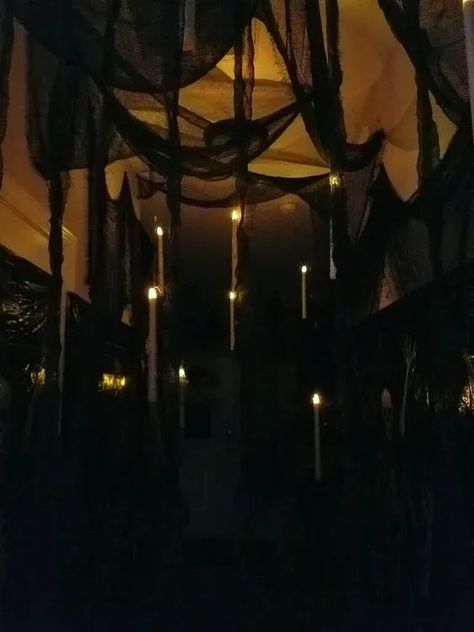 Halloween Party Venue Decor, Floating Candles From Ceiling, Halloween Coven Decorations, Halloween Venue Decor, Ceiling Decor For Halloween, Halloween Decorations Backyard Party, Dark Halloween Party Decor, Halloween Prom Decorations, Halloween Witch Party Decor