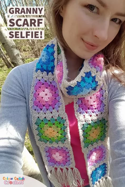 Granny Square Hair Scarf, Free Crochet Granny Square Scarf Patterns, Granny Stitch Scarf Pattern Free, Granny Square Scarves, Granny Square Scarf Crochet Pattern, Crochet Granny Square Scarf Pattern Free, Granny Square Crochet Scarf, Crochet Scarf Granny Square, Granny Square Scarf Pattern Free