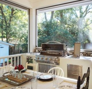 Built-in-stainless-steel-BBQ-grill. Outdoor entertaining covered porch Porch Grill, Grilling Porch, Retractable Screens, Southern Porches, Screened Porch Designs, Grill Outdoor, Southern Architecture, Screened Porches, Building A Porch